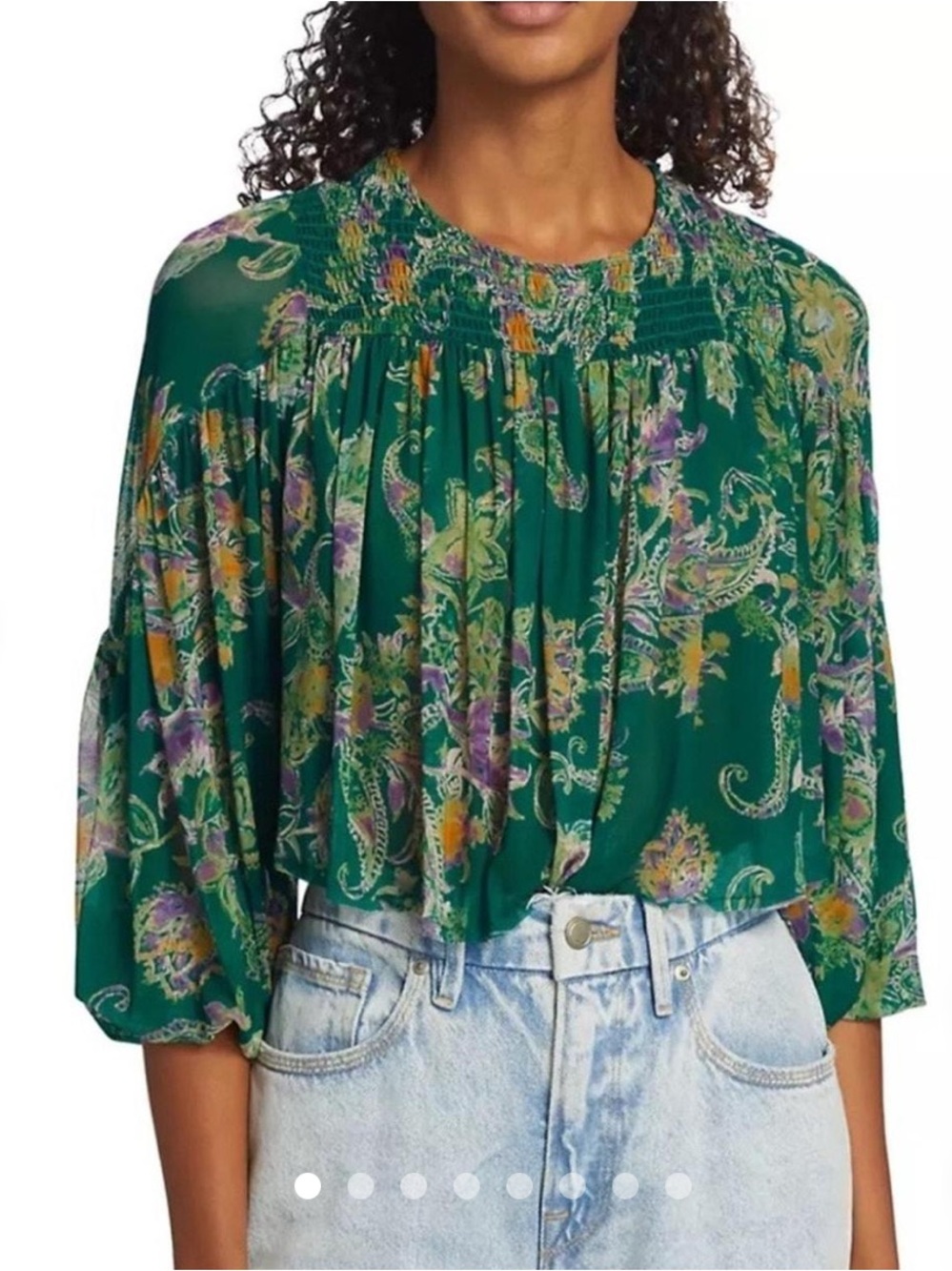 Free People Emerald Green Paisley Smocked Yoke Blouse